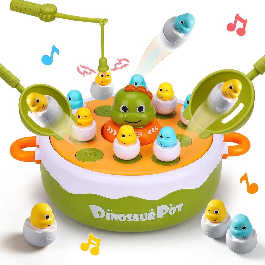 4 IN 1 Dinosaur Pop Up Board Games for Kids Magnetic Fishing Turntable Rotating Music Dino Car Tic-Tac-Toe Developmental Toys Boy Girl Birthday Gift Family Operation Games Toddlers 3-5 2-4-6 5-7 4-8