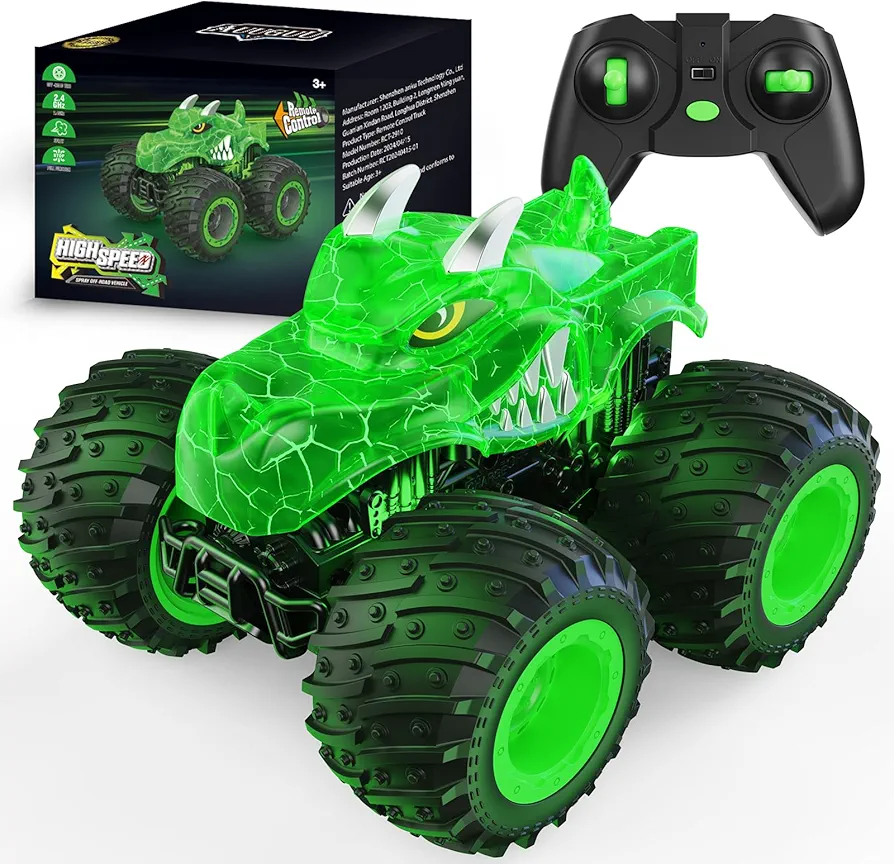 Remote Control Car, 2.4GHz Monster Trucks Toys with Light Spray, Brithday Gift for Kids 3 4 5 6 7 8, All Terrain RC Cars, Toddler Toys for Boys Girls 3+ Year Old (Green)