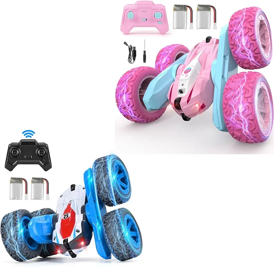 NUOKE Pink & Blue Remote Control Car, Rechargeable RC Truck, 2.4Ghz Double Sided 360° Rotating Stunt Car Toy with Headlights, Birthday Gift for Kids Age 3+