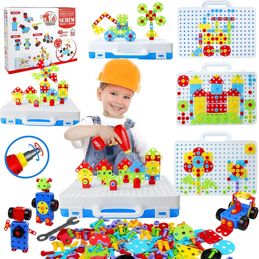 STEM Toys 232 Pcs Drill Set Building Blocks, DIY Educational Construction Engineering Toys, Creative Mosaic Electric Drill Set Gift for Age 3-8 Years Old Boys Kids, Girls