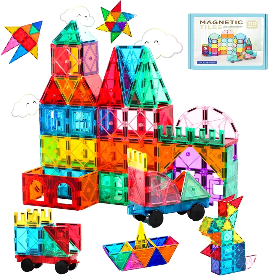 110 Pieces Magnetic Building Tiles Set with 2 Cars, Magnetic Building Blocks for Toddlers 1-3, Educational Toys Tiles for Kids Ages 4-8, 3D Toys Gifts for Girls Boys