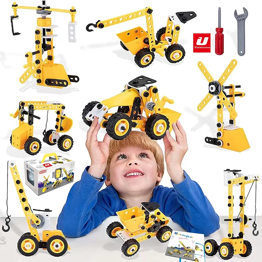 Creative Set Building Toy for Preshool Kids, 8 in 1 DIY Toy building Kit, Educational STEM Toys for Kids, Mechanical Engineering Gift for Ages 5+ (8-in-1, Yellow, J-7755)