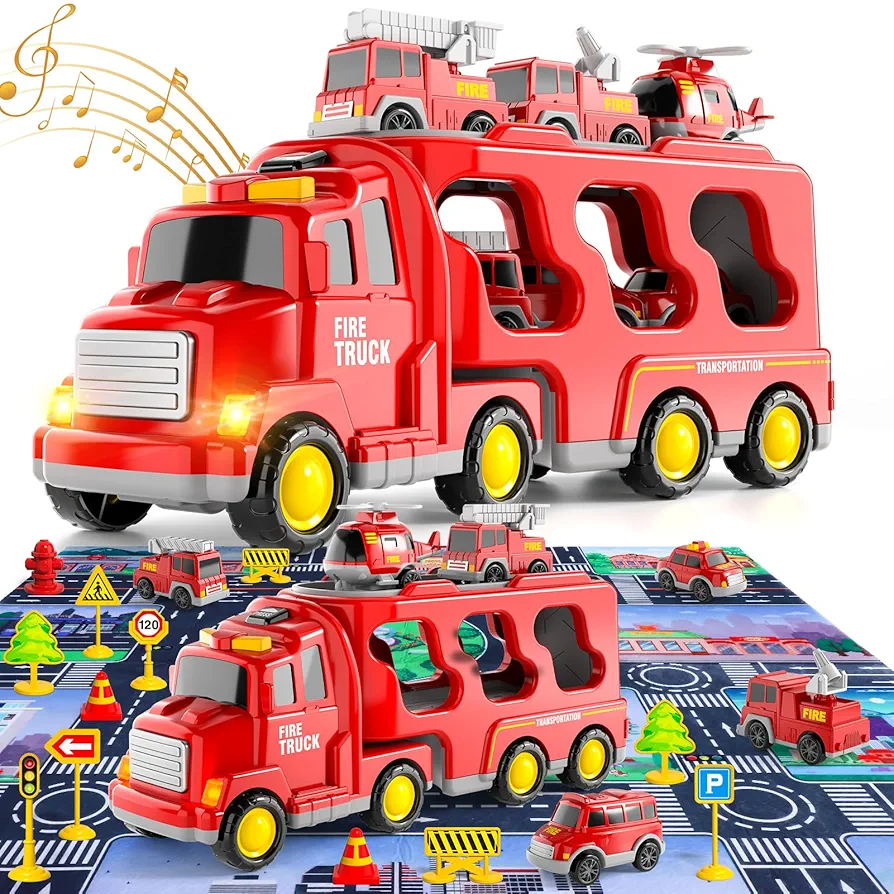 Bennol Toddler Toys for 1 2 3 4 5 6 Years Old Boys, 7 in 1 Fire Car Trucks Playset with Play Mat & Accesoories, Birthday Gifts for Toddlers Kids Boys Girls Age 1-3 3-5