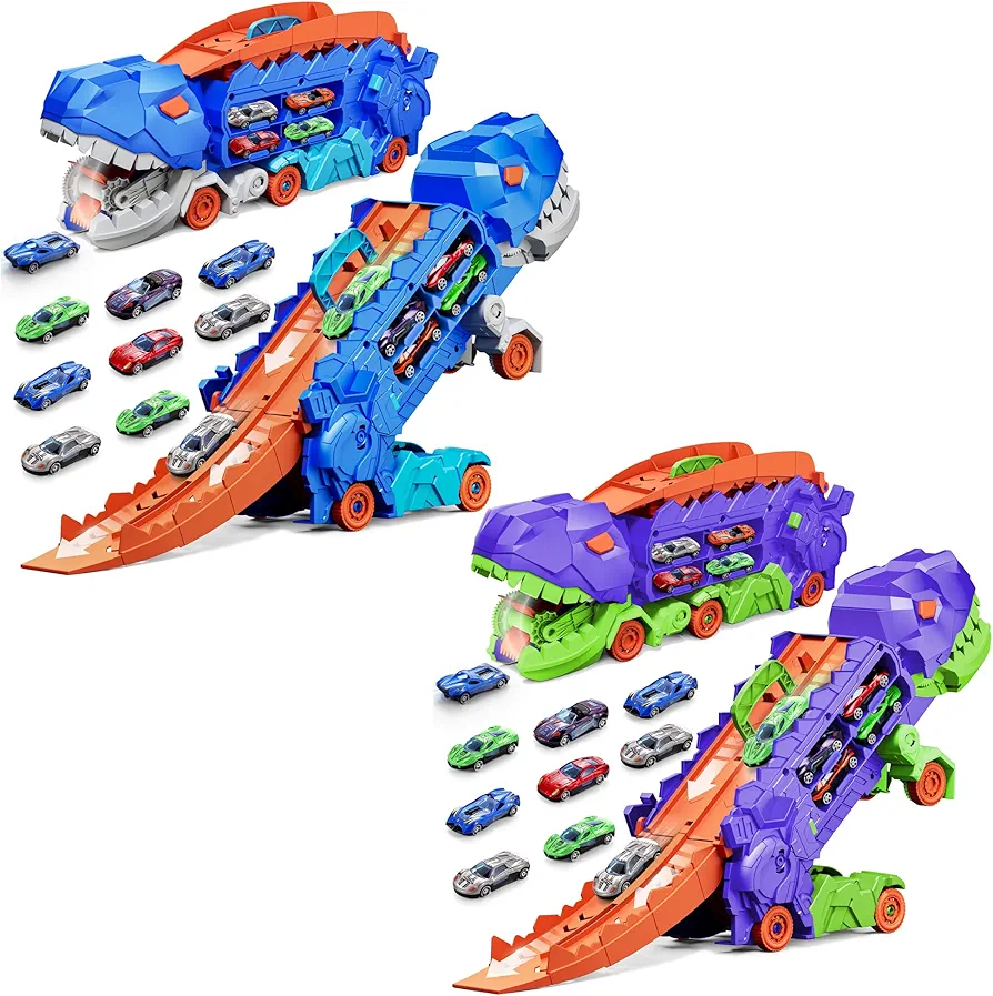 11 in 1 Dinosaur Toys for 3-7, Dinosaur Transport Truck with 8 Metal Cars