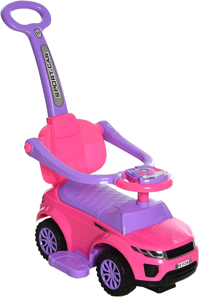 Aosom 3 in 1 Push Cars for Toddlers Kid Ride on Push Car Stroller Sliding Walking Car with Horn Music Light Function Secure Bar Ride on Toy for Boy Girl 1-3 Years Old Pink