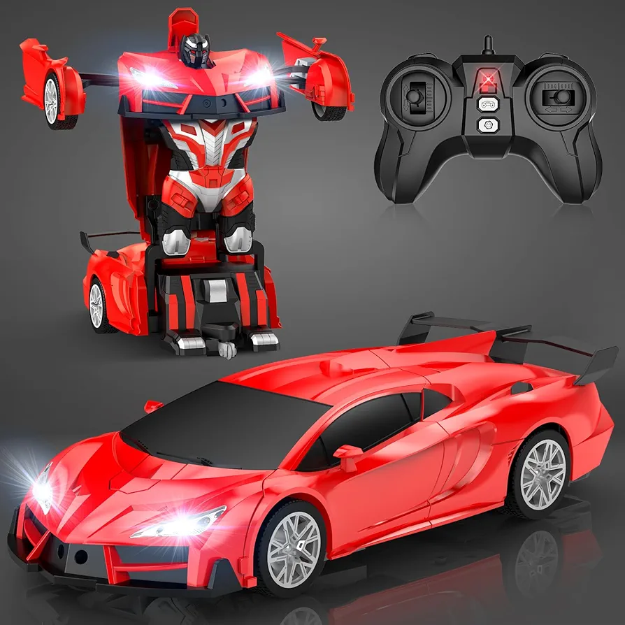 Remote Control Car, Transform Robot RC Cars with Cool Headlights, 2.4Ghz kids Toys Car with 360 Degree Rotation and One-Button Deformation, Christmas Birthday Gifts for Boys Girls, Red