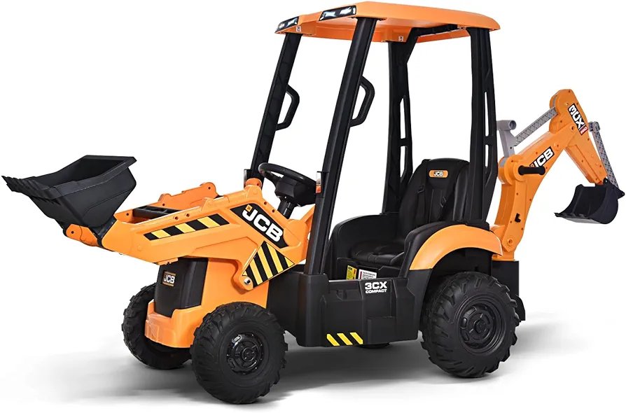 Blitzshark 2 in 1 Kids Ride on Excavator & Bulldozer 12V Battery Powered Motorized Car Electric Construction Vehicles for Kids Ages 3-6, with Front Loader, Digger, Ceiling, Remote Control, Yellow