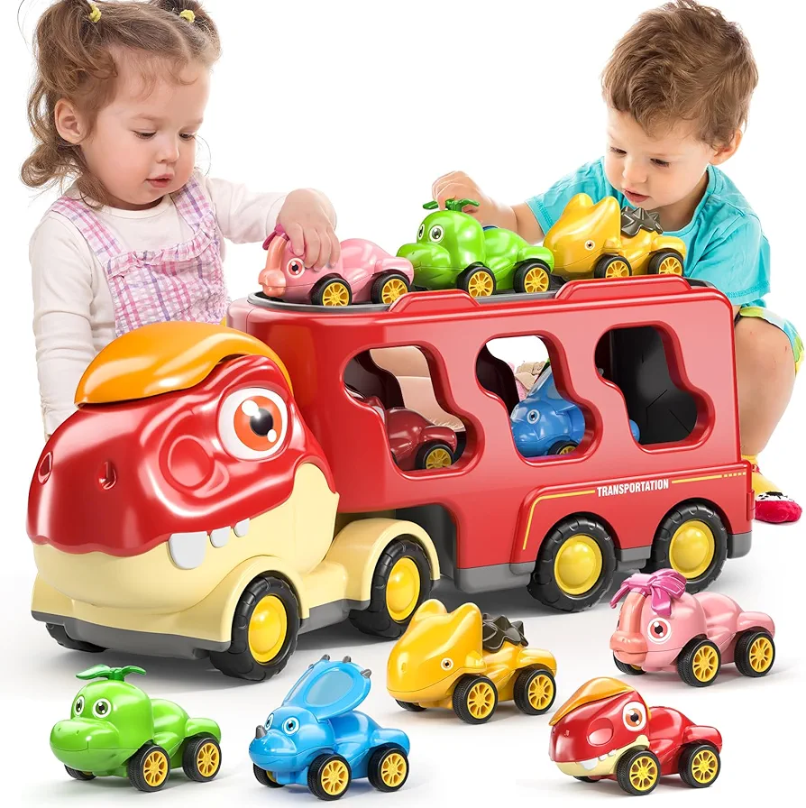 Dinosaur Truck Toys for Kids 3-5, Friction Power Transport Car Load 5 Cartoon Pull Back Dino Figures Vehicle, Toddler Carrier Truck Play Set w/Sounds, Birthday Gift for 3 4 5 6+ Year Old Boys & Girls