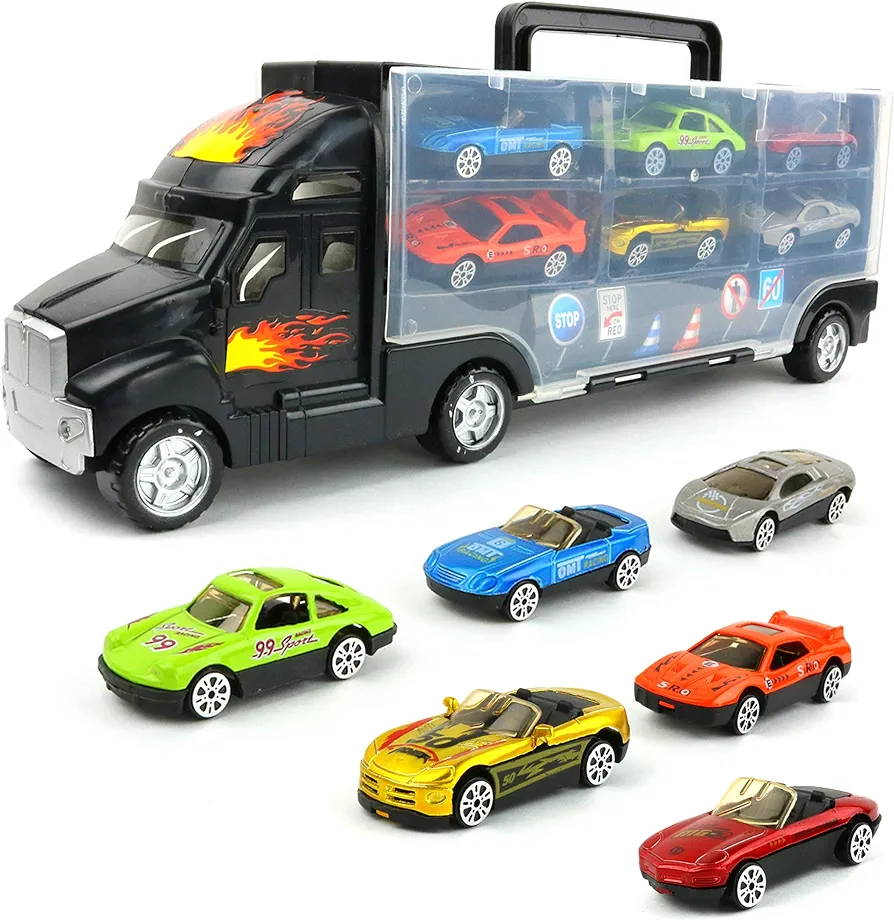 Big Mo's Toys Transport Car Carrier Truck - with 6 Stylish Metal Racing Cars - with Carrying Case