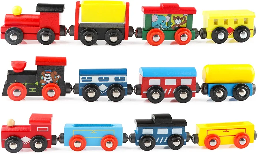 Wondertoys Wooden Train Cars 12 PCS Magnetic Train Sets includes 3 Engines and Storage Bag - Wooden Train Set for Toddlers Compatible with Major Brands Train Set Tracks - Trains for Train Table