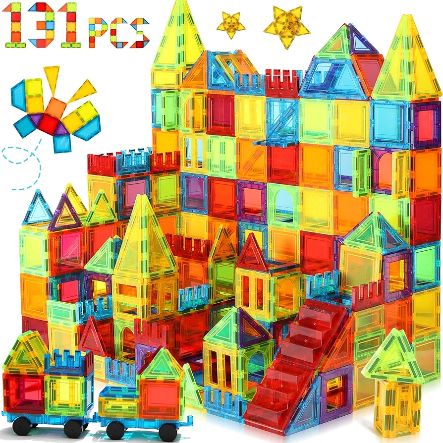 Magnetic Tiles for Kids Ages 3-5 4-8, 131PCS Magnetic Blocks with 2 Cars, Learning Magnetic Building Blocks Sets, Educational Magnets Tiles Toys for Boys Kids Ages 3 4 5 6 7 8 9