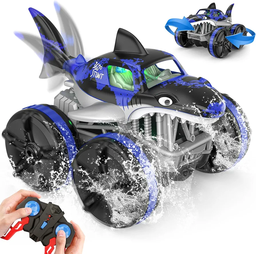 Amphibious Remote Control Car, RC Cars 2.4 GHz Working on Water, All Terrain Monster Shark Truck Stunt Car, Toys Gift for Boys Girls Age 5 6 7 8 9 10