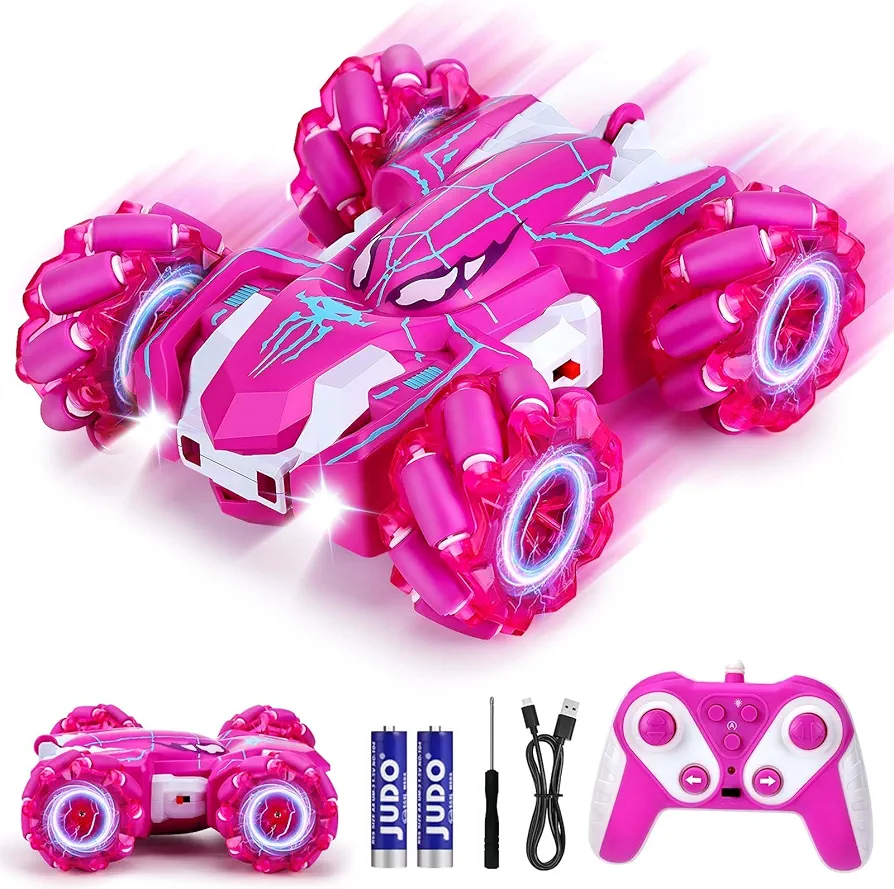 Spider Remote Control Car,2.4Ghz 360° Rotating Double Sided RC Stunt Cars with Cool Headlights,Rechargeable 4WD Off Road Drift Toys for Kids Boy Girls 4-6 5-7 8-12 RC Remote Control Car Toy (Pink)