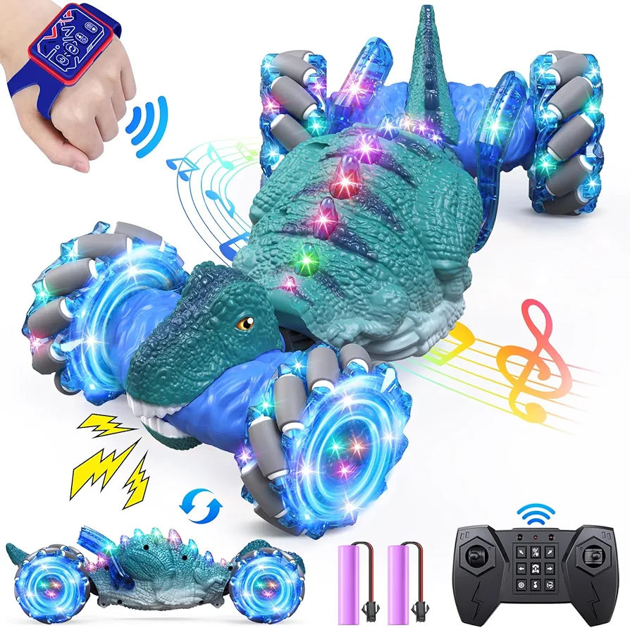 Remote Control Car,Dinosaur Toys car for Kids,2.4GHz LED Gesture Sensing RC Car,4WD Rotation RC Stunt Car with Lights and Music,Dino Toys for Kids Ages 3 4 5 6 7 Gifts for Boys Girls(Blue)