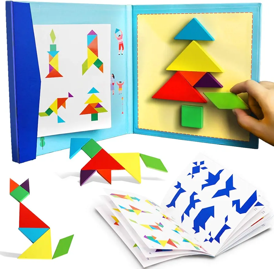 Wooden Tangram Puzzle Book, Travel Games for Kids in Car, Plane or Take Out for Restaurant, Educational Learning Puzzles Toys, On The Go Toys for Kids, Boys, Girls 3,4,5,6,7,8 Years Old