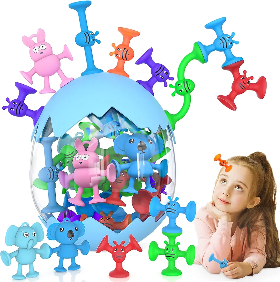 Suction Cup Toys for Kids, Suction Bath Toys for Toddlers Stacking Toys Shower Toys for Kids Ages 3+ Boys Girls, Montessori Bathtub Toys Sensory Toys Travel Toys with Dinosaur Eggshell Storage,19 PCS