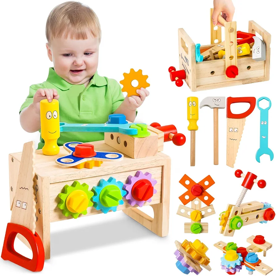 Wooden Kids Tool Set Toy for 2 3 4 5 Years Old Boy Girl, 36 Pcs Stem Montessori Toy for Kid 1-3, 2-4, Pretend Play Toddler Toys Inc Box, Learning Educational Construction Toy, Birthday Gift for Kids