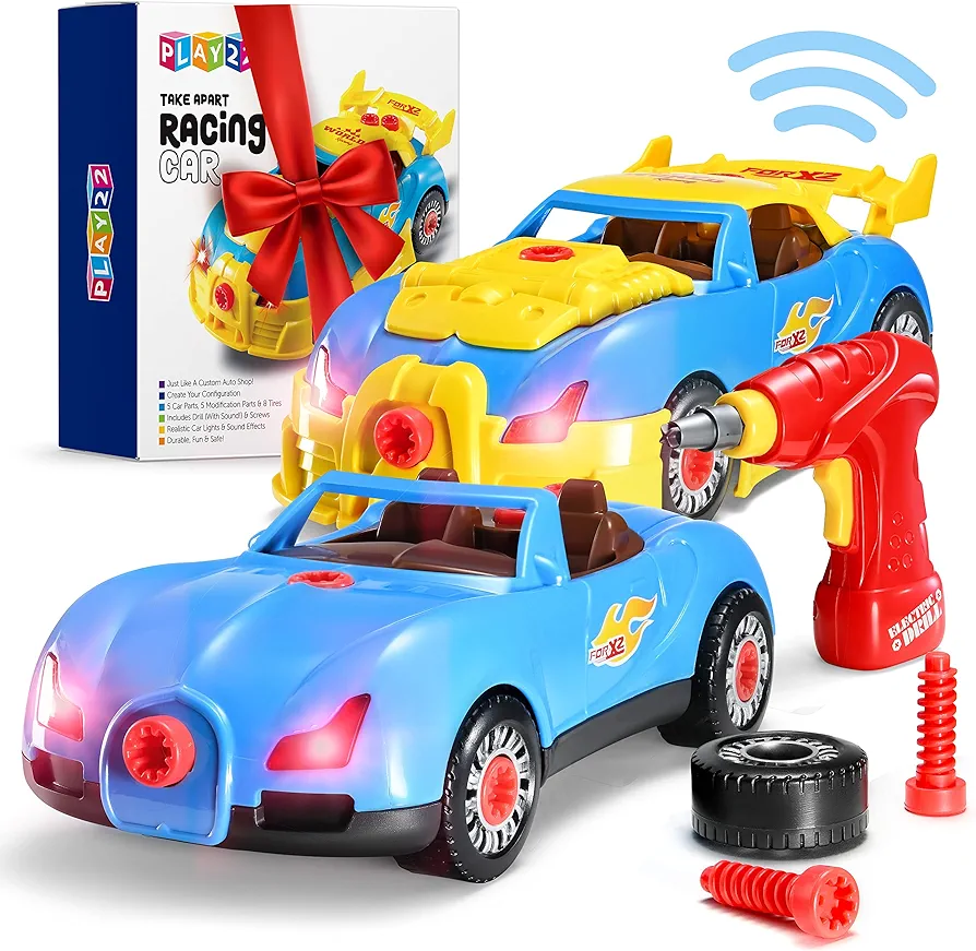 Play22 30 Pcs Take Apart Racing Car Toddler Toys Set - Build Your Own Car with Drill, Engine Sounds & Lights - Toy Car Constructions Set Stem Building Learning Education Toys for Kids Ages 3+ Years