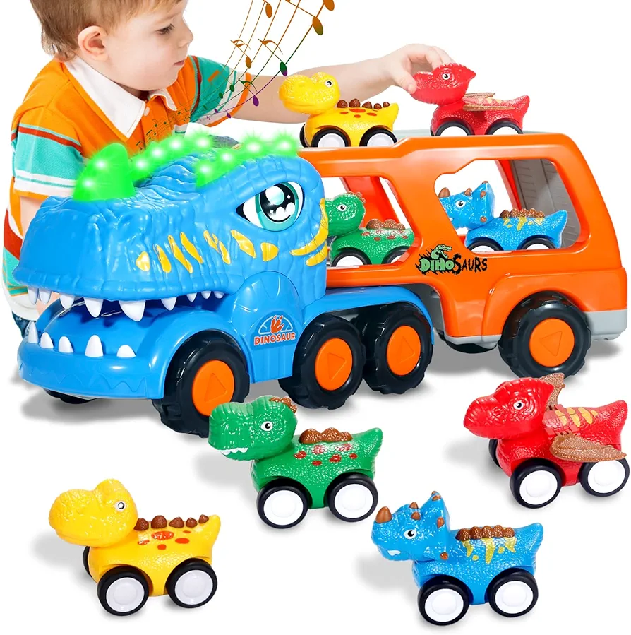 Dinosaur Truck for Kids 1 2 3 4, 5-in-1 Dinosaur Transport Carrier Truck with Music & Flashing Lights & Dinosaur Roars, 4 Mini Dinosaur Car Vehicles Toddler Toys for Boys,Boy Girl Gifts Ages 1-5