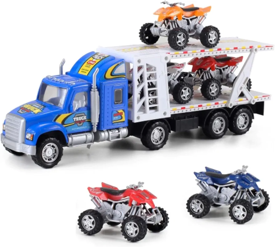 Auto Hauler Big Rig Toy Semi Truck Car Carrier Transporter Trailer 1:48 Scale Friction Powered Wheeler Vehicle with 4 ATVs Dirt Bike (Assorted Colors)