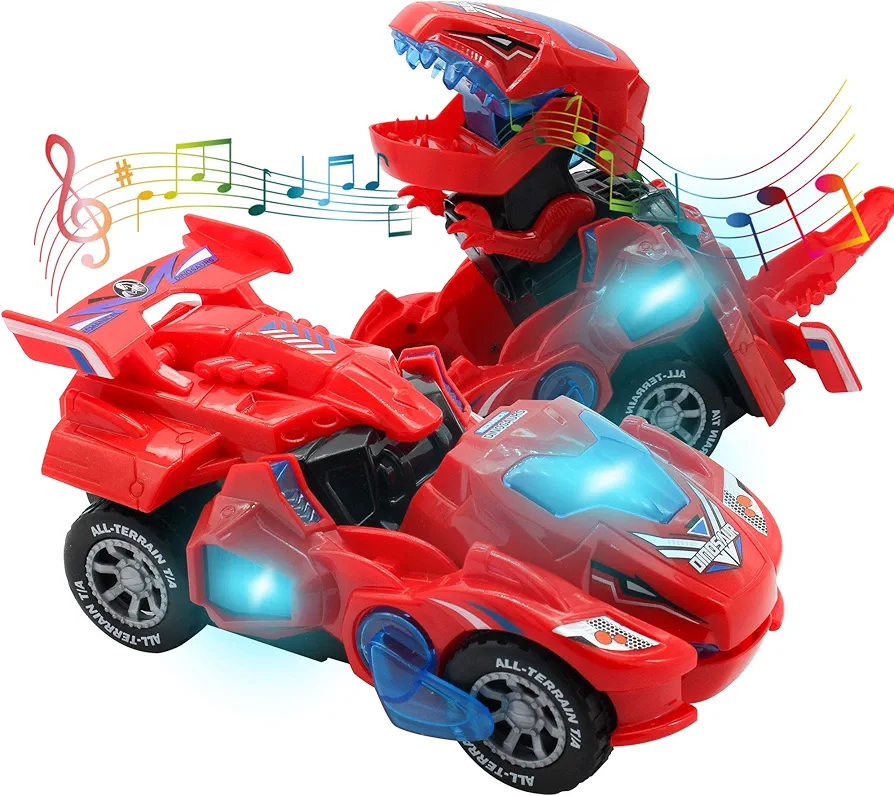 Dinosaur Toys for 3-6 Year Old Girls Transforming Dinosaur Car with LED Light and Music Gifts for 3 4 5 6 7 Year Old Girl (Red)