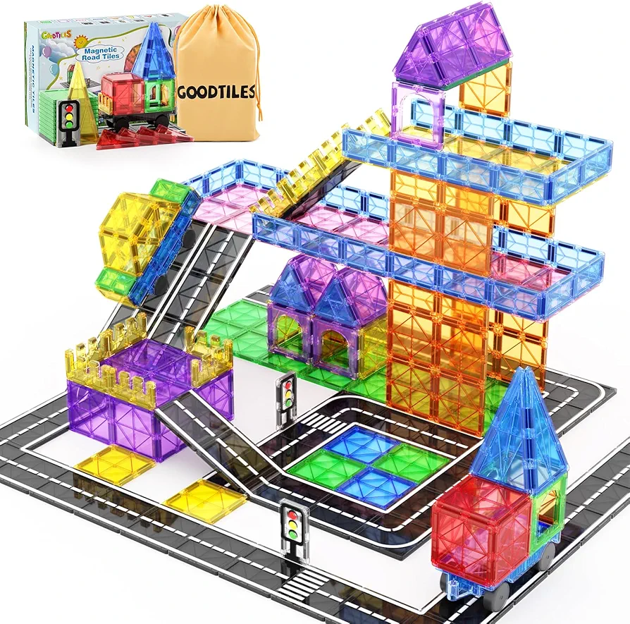 Magnetic Tiles Road Sets with Car Kits -Magnet Building Blocks Montessori Toys for Toddlers | Preschool Educational Sensory Construction Toys for Ages 3 4 5 6 7 Boys and Girls