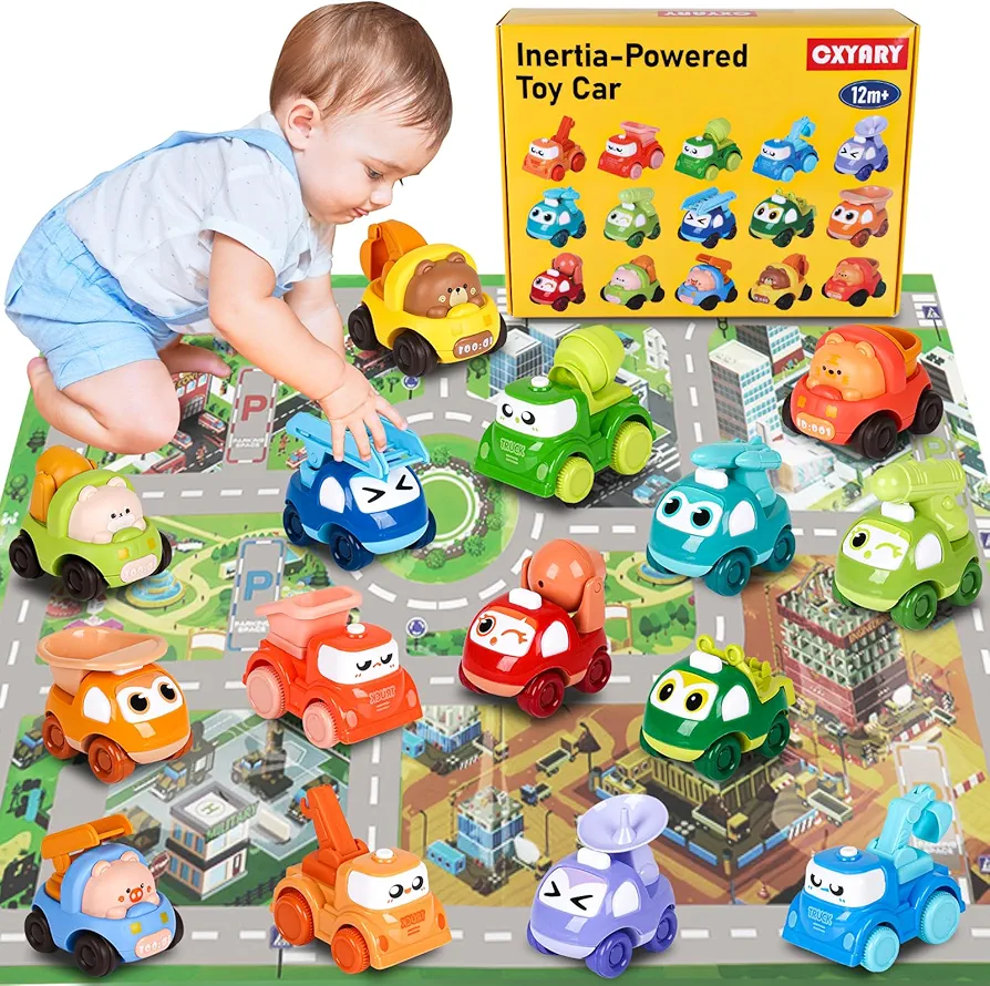 15PCS Baby Truck Car Toys with Traffic Map, Toddler Pull Back Car Toys for 1 2 3 Year Old Boy, Birthday Gifts for Toddler Toys Age 1-2, Baby Toys 12-18 Months