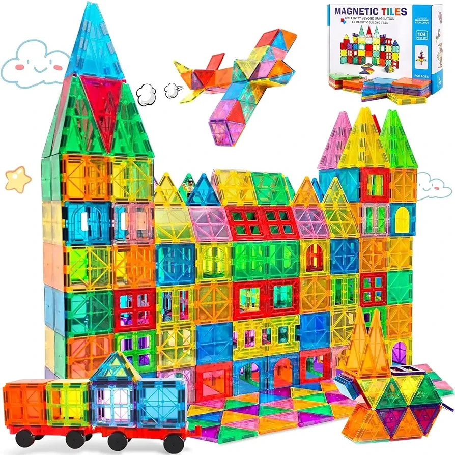 Magnetic Building Tiles for Kids, 100 PCS Magnetic Blocks, Magnet Tiles STEM Educational Magnetic Tiles Stacking Toys Gift for Toddler Ages 3 4 5 6 7 8 9 with Advanced Set with 2 Cars