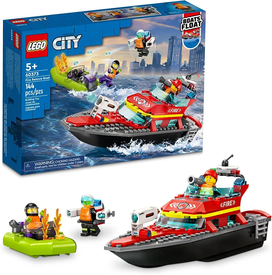 LEGO City Fire Rescue Boat 60373, Toy Floats on Water, with Jetpack, Dinghy and 3 Minifigures, Everyday Hero Toys for Kids, Boys and Girls Ages 5+