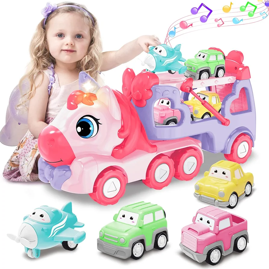 Toys for 1 2 3 Year Old Girl, 5-in-1 Unicorn Toys Carrier Truck Toy Cars with Light & Sound,Girl Toddler Toys Age 2-4,1 2 3 Year Old Girl Birthday Gifts Kids Toys for Girls…