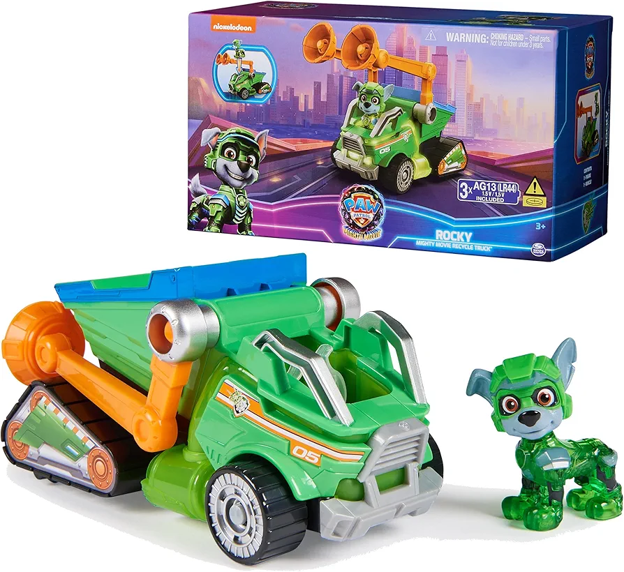 Paw Patrol: The Mighty Movie, Toy Garbage Truck Recycler with Rocky Mighty Pups Action Figure, Lights and Sounds, Kids Toys for Boys & Girls 3+