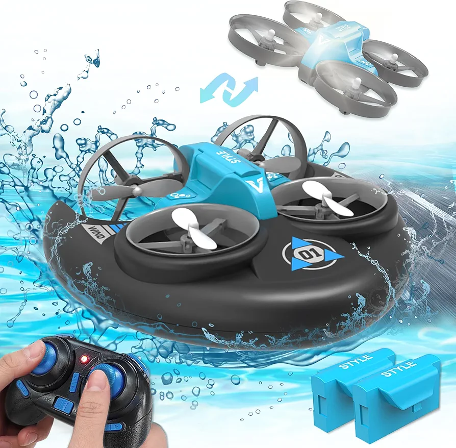 3 in 1 Sea Land Air Remote Control Toys, Interactive Pool Toys Gifts for 8+ Years Old Boys Girls，RC Car Drone Boat (Upgraded Blue + 2 Batteries)