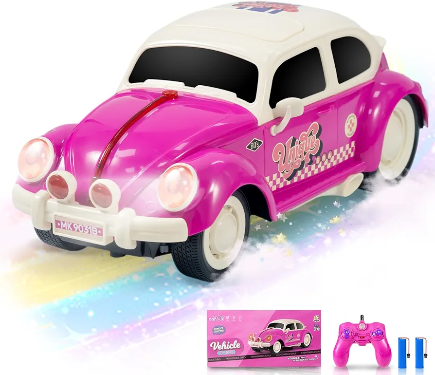 Pink Remote Control Car, 1:16 Scale RC Car for Girls, Beetle Toy Cars with LED Light, 2.4GHz Retro RC Car with 2 Rechargeable Batteries, Gifts for 3-4 5-6 7-8 9-10 11-12 Year Olds