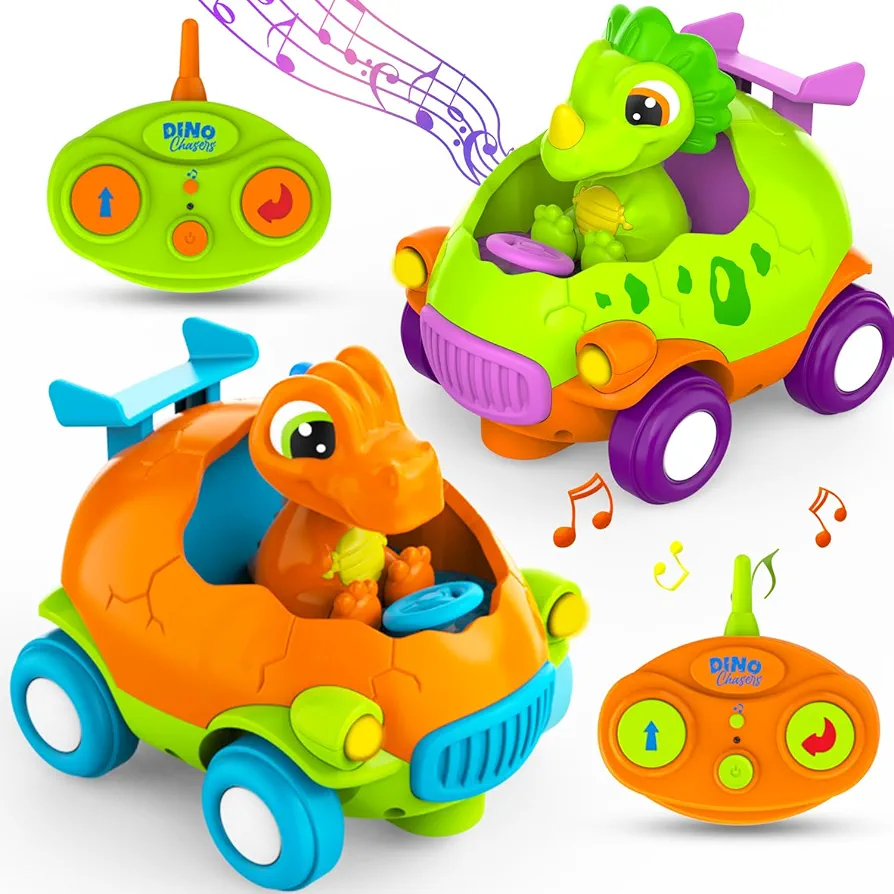 HOLYFUN Two Dinosaur RC Car for Toddler, Dino Remote Control Car with Music and Light, Birthday Gift for 3 4 5 Year Old Boys & Girls