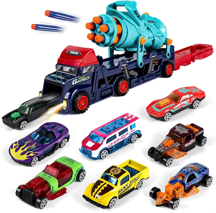 AOKESI Car Carrier Truck Toys for Kids, 4 in 1 Transport Truck Carrier Launcher Toys with 8 Alloy Car, Ideal Gift for Boys Aged 3+