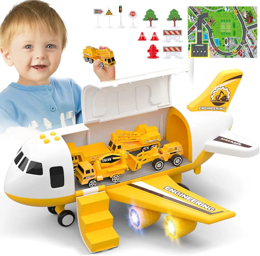 UNIH Toddler Airplane for 2 3 4 5 Year Old Boys & Girls, Kids Toys Plane with Lights and Sounds, Transport Cargo Airplane with 4 Construction Cars