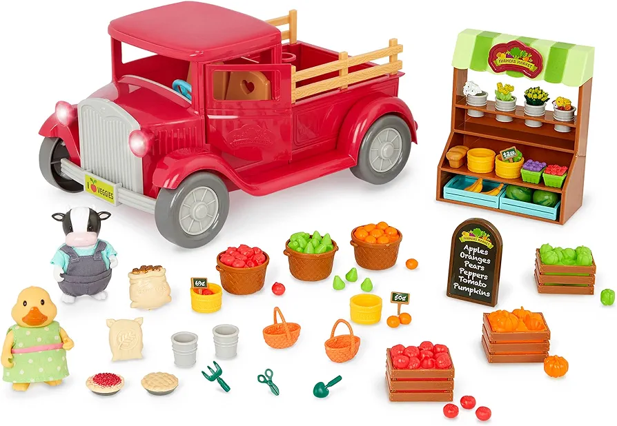 Li’l Woodzeez – Market Truck Playset with 2 Posable Doll Figures – Doll Playset includes Animal Characters, Toy Truck, Miniature Food & Accessories – Pretend Play Gift Toy for Kids Age 3+