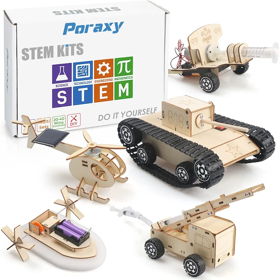 Poraxy 5 Set STEM Kits for Kids Ages 8-10, Model Car Kits, Wooden 3D Puzzles, Educational Science Experiment Kits, Building Toys for Ages 8-13, Gifts for Boys and Girls 7 8 9 10 11 12 13 Year Old