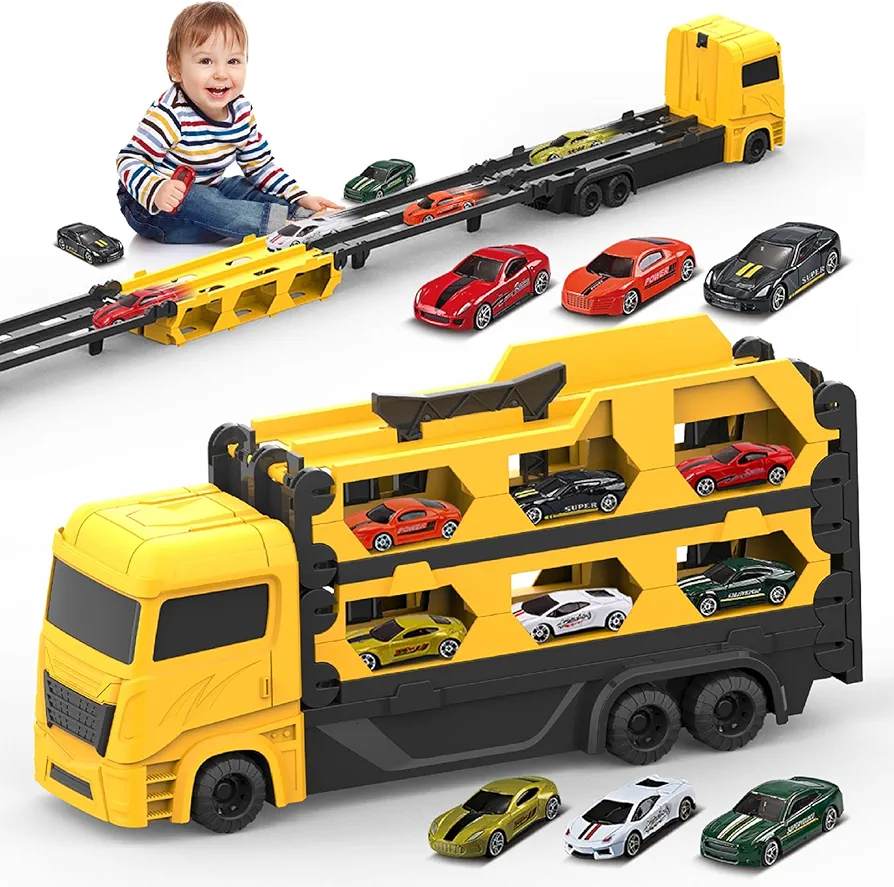 Qizebaby 7 in 1 Foldable Race Track Truck Toys for Boys Girls Age 2 3 4 5+, 65-Inch Transport Truck Car Toys with 6 Mini Die Cast Toys Cars, Car for Toddlers, Birthday Christmas Kids Toys Gifts