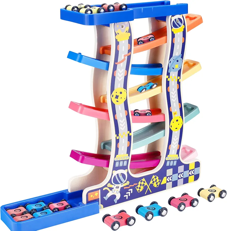 Race Track for Toddlers 1-3, Montessori Wooden Toddlers Ramp Slide Developmental Toy Set with 8 Mini Cars and 7 Rainbow Track, Great for Baby Over 1 Year Old Boys Girls Child Birthday Gifts