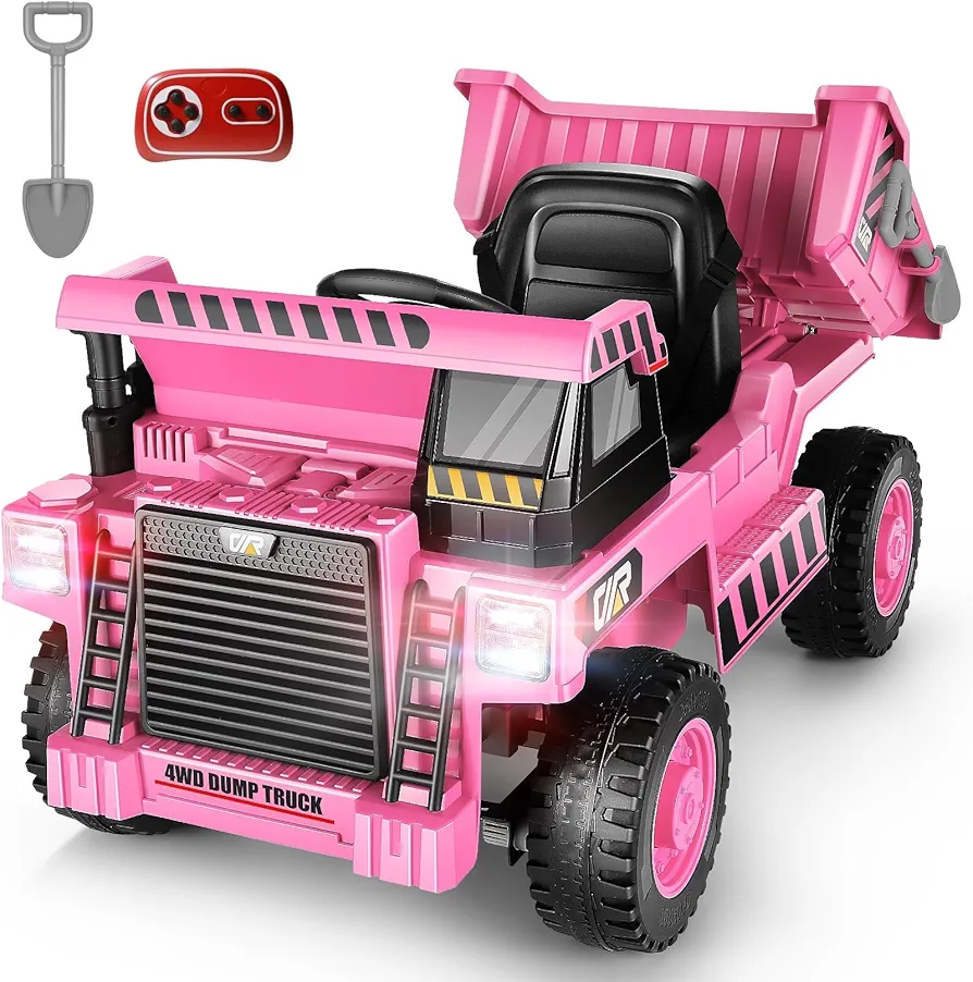 Hikole Electric Kids Dump Truck for Girls Boys Ages 4-8 with Parental Remote, Extra Shovel, Music, Ride on Construction Vehicles, 12v Ride on car with Dump Bed, Pink