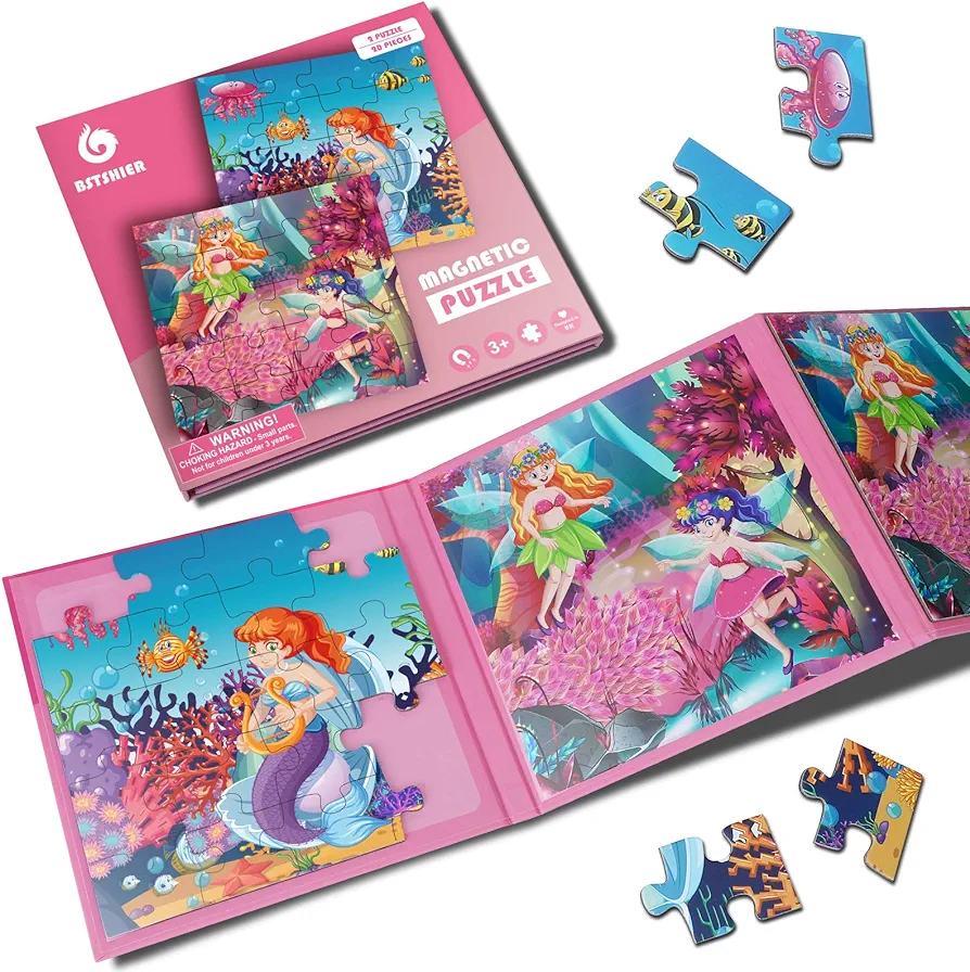 Travofun Magnetic Puzzles for Kids Ages 3-5,20 Piece Jigsaw Mermaid Puzzles for Toddlers 2-4,Children Travel Activity Toys Games for 3 4 5 6 Years Girls in Car Airplane,Learning Magnet for Road Trip