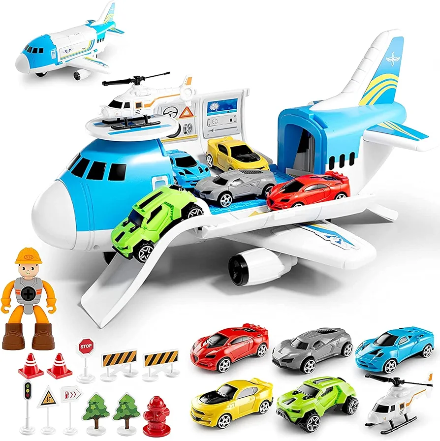 Airplane Toy Set Transport Cargo Plane Play Toy Gift for 3 4 5 6 Years Old Boys Girls Kids,Aircraft Vehicle Toys with 5 Mini Cars,Helicopter and Construction Worker