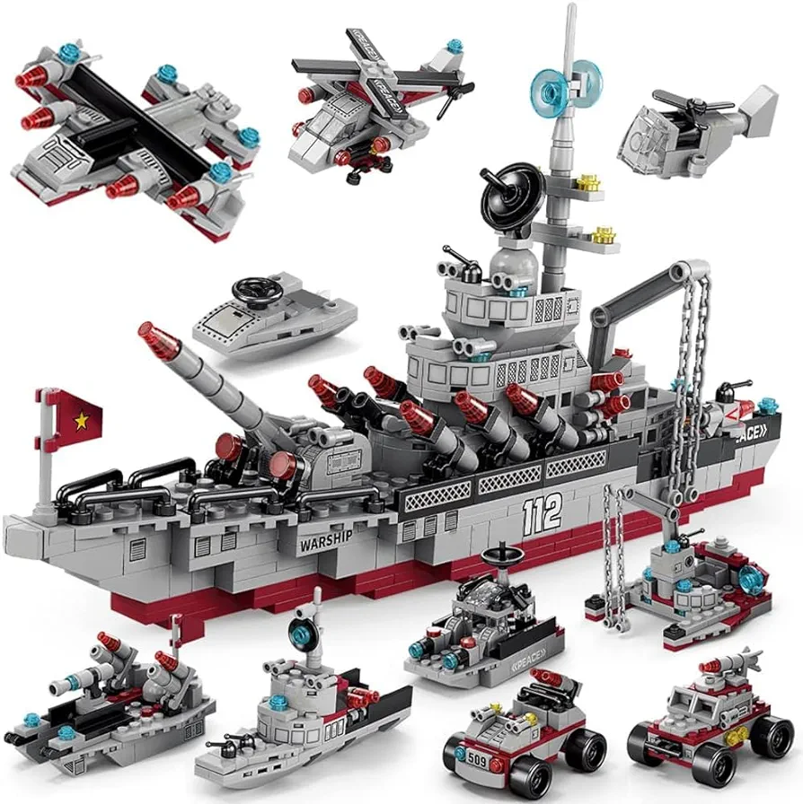 Building Block Warship 25 in1 Battleship Building Kits for Kids City Helicopter Military Ship Bricks Kit Educational Toys for Boys Age 6 7 8 9 10 11 12 Years Old 554PCS