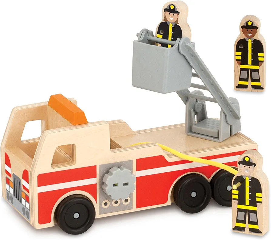 Melissa & Doug Wooden Fire Truck With 3 Firefighter Play Figures - Fire Truck Toys For Kids, Toddler Toy For Pretend Play, Classic Wooden Toys For Kids