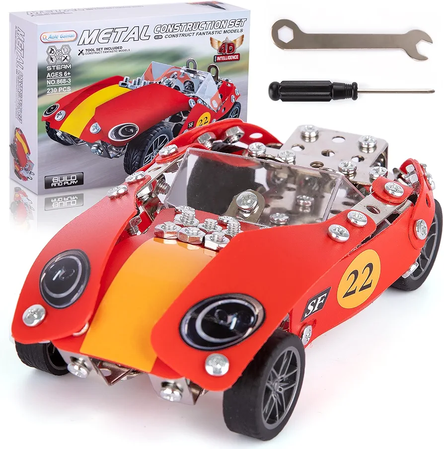 ArtCreativity Metal Model Car Building Kit - 230 PC 3D Car Model Kit - STEM Metal Car Building Kit for Boys - Red Vintage Toy Racecar with Moving Wheels - Build Your Own Car Kit for Kids with Tools