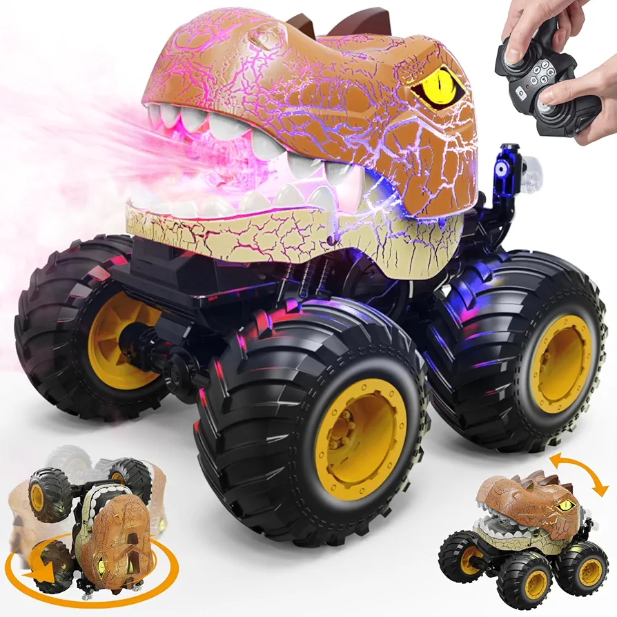 Dinosaur Remote Control Car, RC Monster Trucks for Boys Age 4-7, 2.4GHz RC Stunt Car with Spray Lights & Sound, All Terrain Indoor/Outdoor Toys for Kids 3-5 6 7 8-12 Christmas & Birthday Gifts