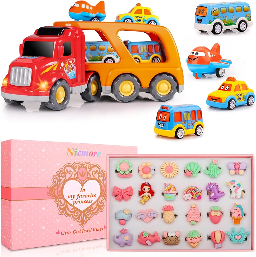 Toddler Toys Car for Boys: Kids Toys for 2 3 4 Year Old Boys Girls | Carrier Toy Trucks | Toddler Toys Age 2-3 2-4 Baby Toys 18-24 Months Birthday Kids Gift bundle with 24PCS Girl Rings