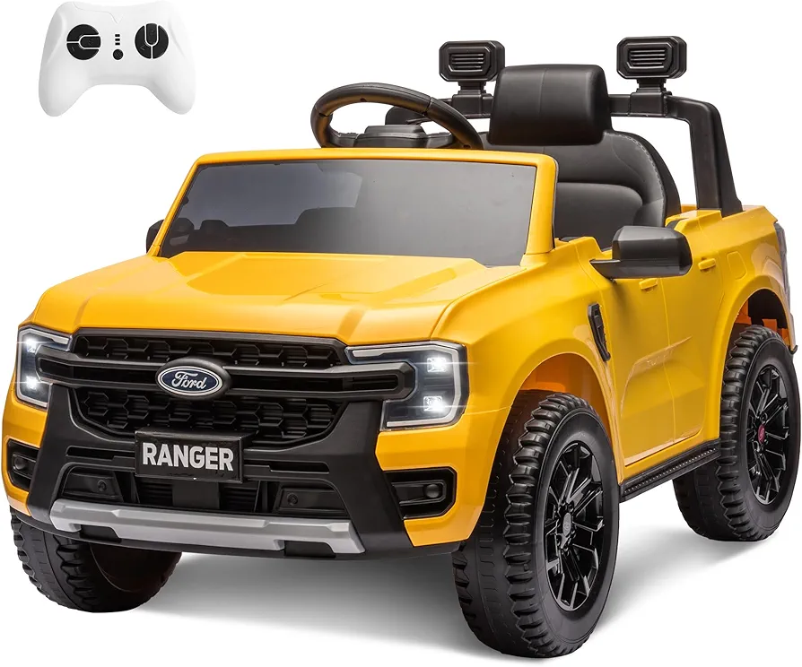 ENYOPRO Licensed Ford Ranger 12V Kids Ride on Pickup Truck, Electric Vehicle Ride on Toy Car with Remote Control, Music Player, LED Lights, Bluetooth, Soft Start, Gift for Kids Ages 3-6 (Yellow)