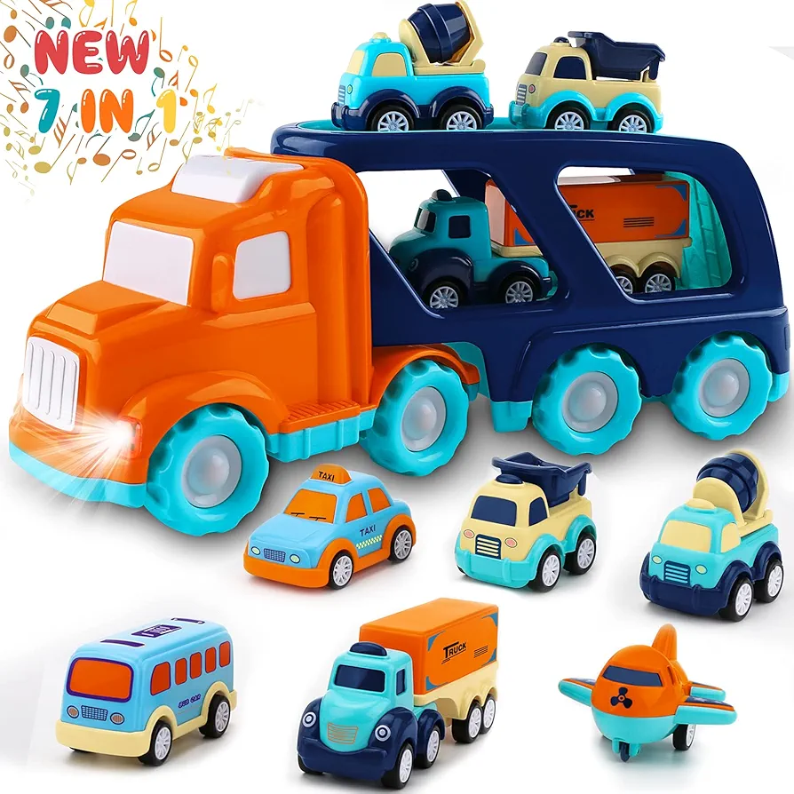 Toddler Toys Truck Car for Boys: 7-in-1 Friction Power Transport Toy for Kids Ages 2, 3 4 Years Old, Carrier Trucks with Lights and Sounds - Christmas Birthday Gifts